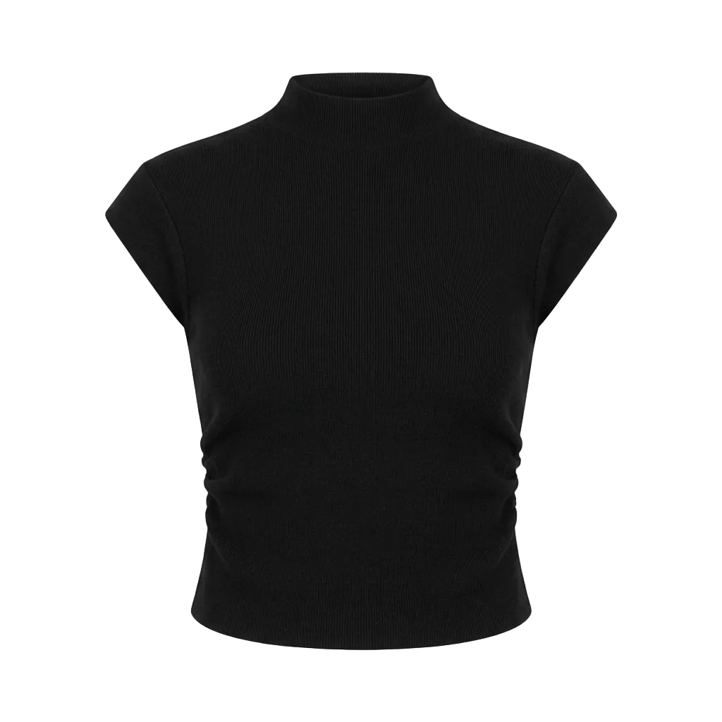 A black short-sleeve mock neck crop top with side ruching