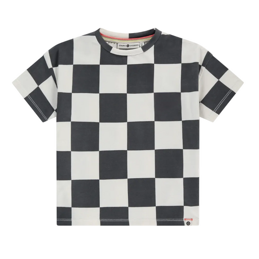 Checkered black and white t-shirt on a white background