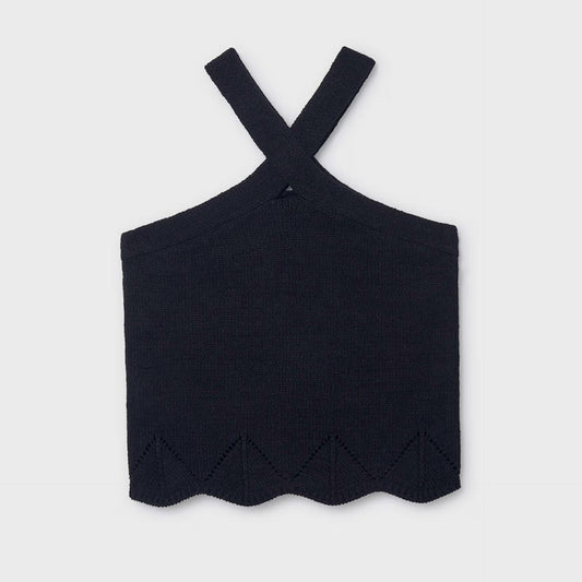 Black halter top with straps on a white background
