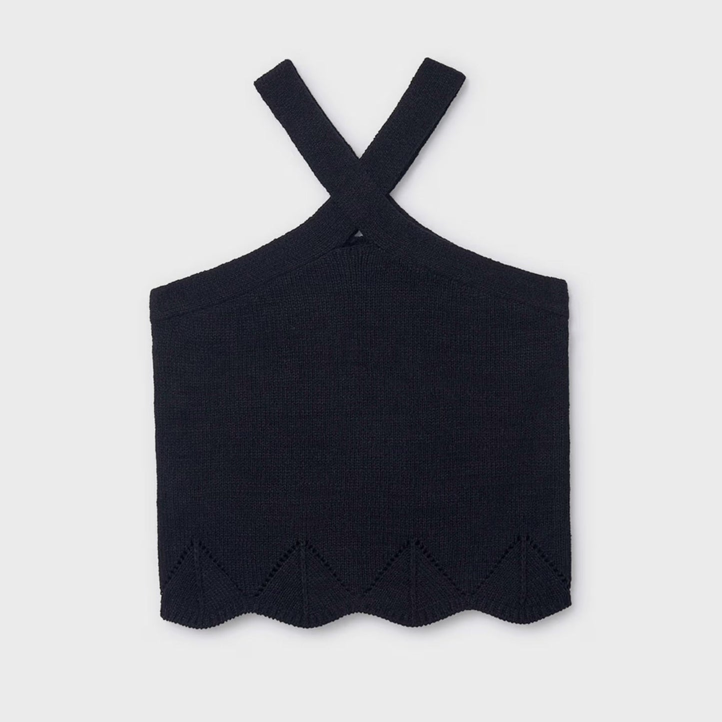 Black halter top with straps on a white background