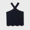 Black halter top with straps on a white background