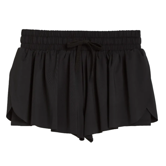 Black pleated shorts with an elastic waistband and drawstring, made of a stretch-nylon fabric blend.