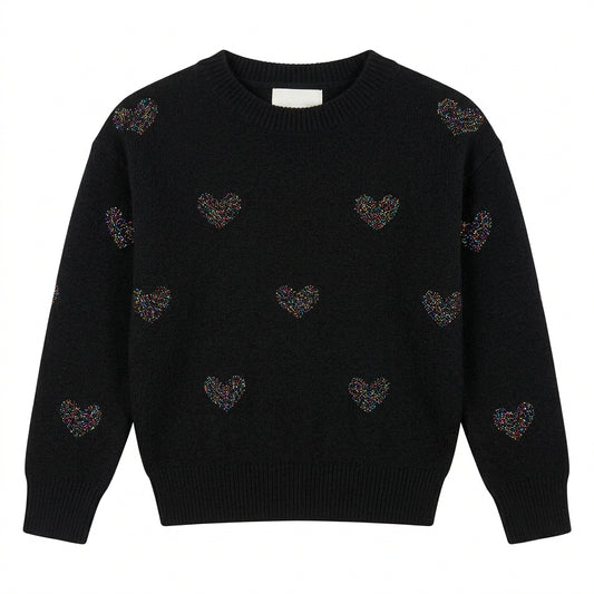 A black knit sweater with small multicolored heart motifs. 