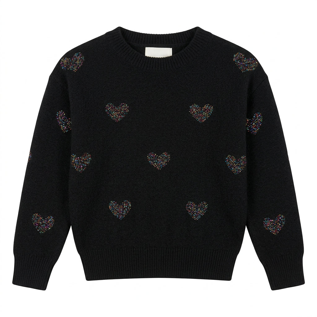 A black knit sweater with small multicolored heart motifs. 