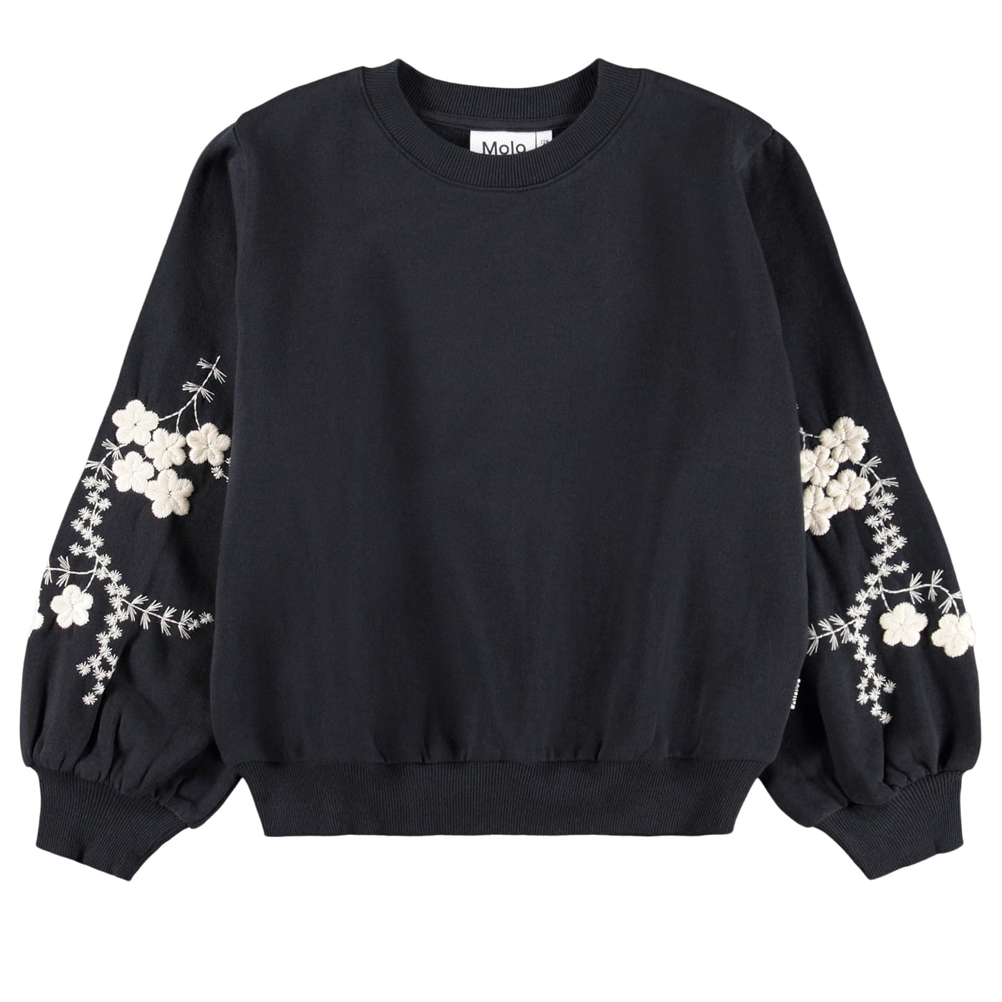 Black sweatshirt with floral embroidery on sleeves against a white background