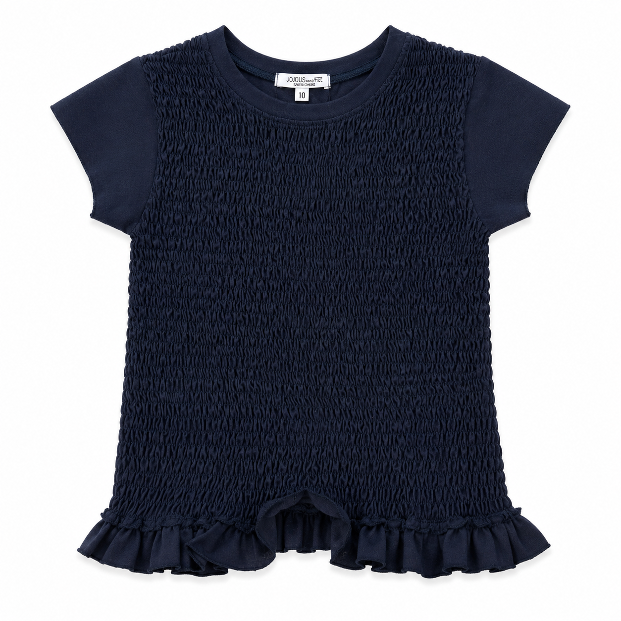black smocked romper with ruffle details on a white background