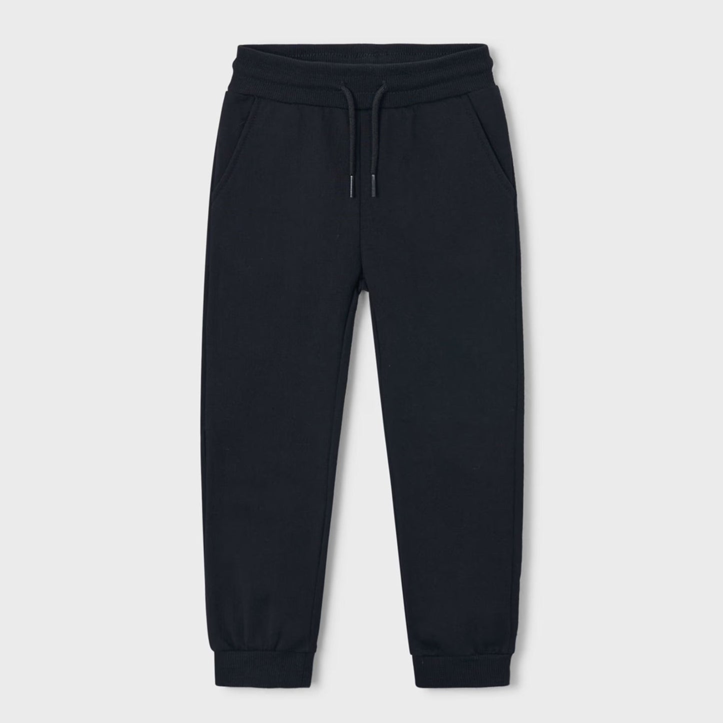 A pair of black sweatpants with an elastic waistband, matching drawstring, and ribbed ankle cuffs