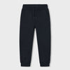 A pair of black sweatpants with an elastic waistband, matching drawstring, and ribbed ankle cuffs
