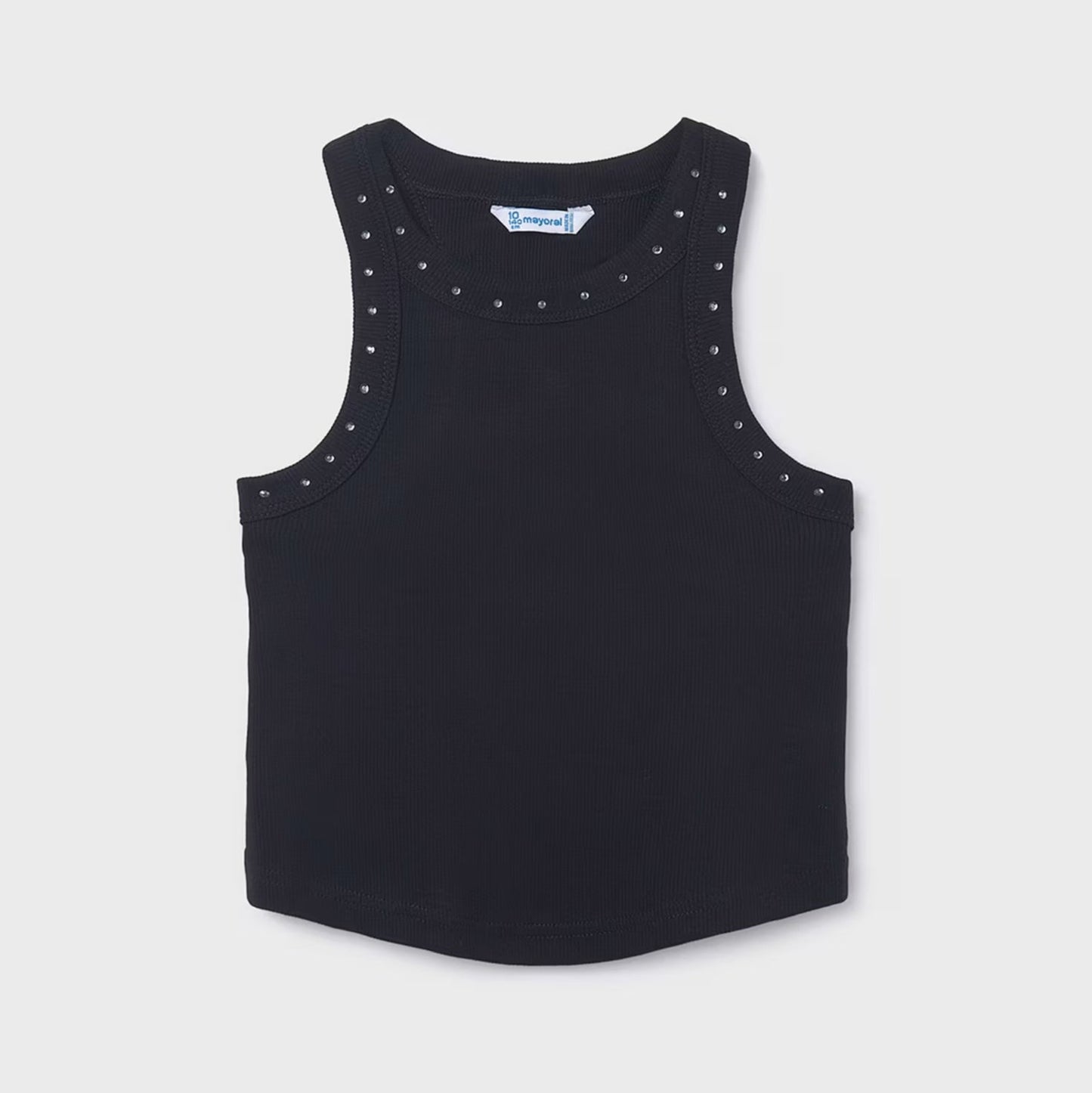 Black sleeveless top with decorative studs around neckline