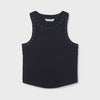 Black sleeveless top with decorative studs around neckline