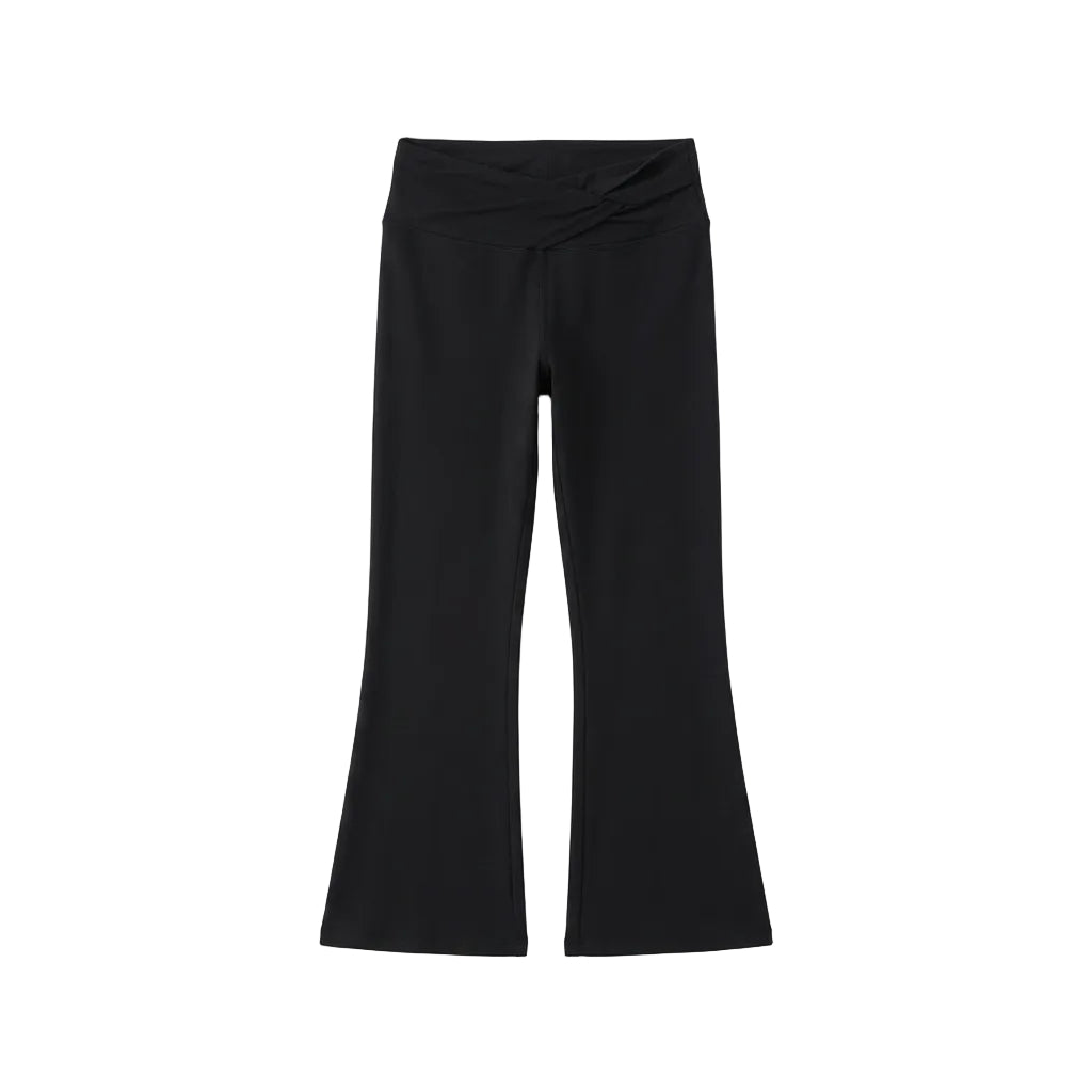 Black athletic pants hanging flat 