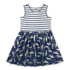 Dress with white and blue stripe top and blue color block on bottom with sardine pattern