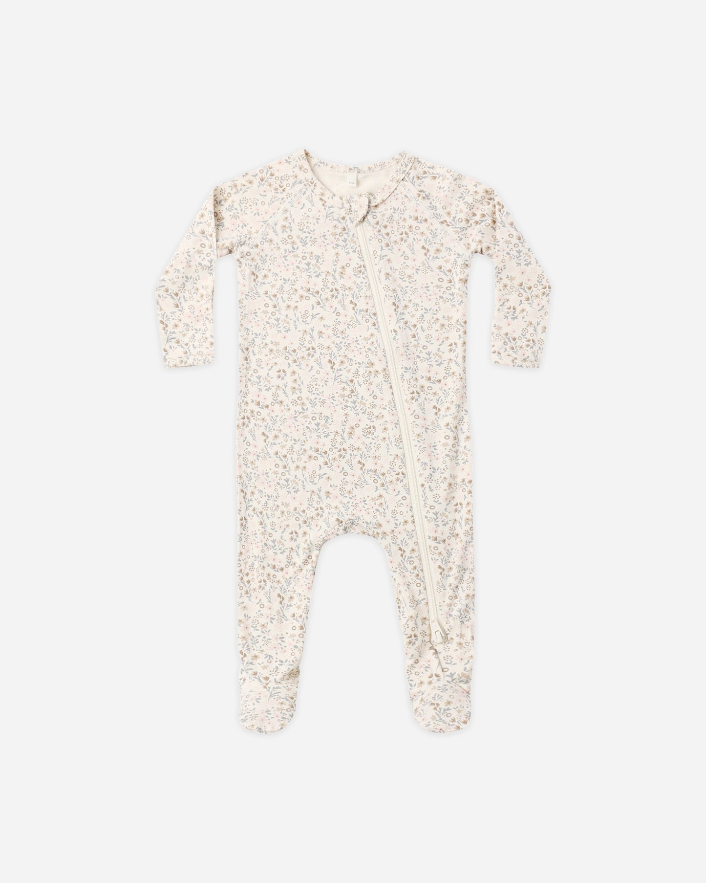 Bloom Bamboo Zip Footie flat lay - Quincy Mae bamboo footie, bloom print