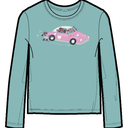 Light blue long-sleeve shirt with a pink car graphic on a white background