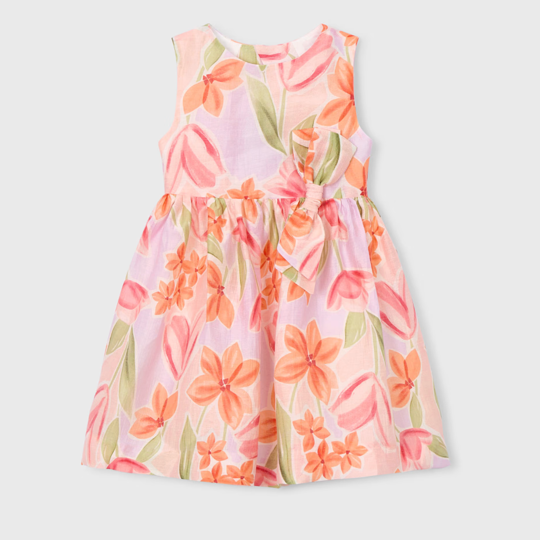 Multicolor floral tank dress with bow at waistline