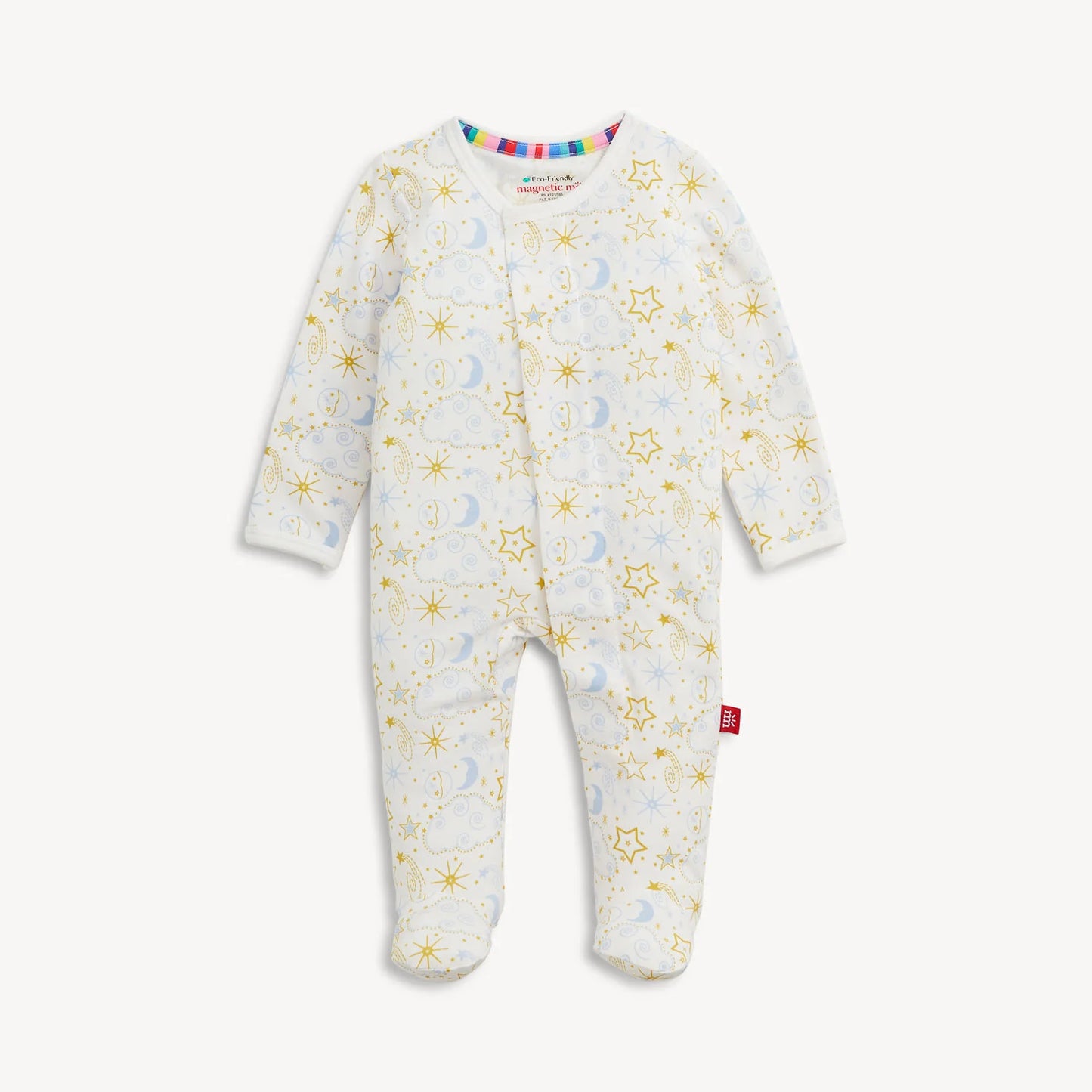 A baby long-sleeve footed sleeper in blue and white with a gold star and moon pattern.
