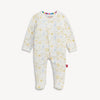 A baby long-sleeve footed sleeper in blue and white with a gold star and moon pattern.