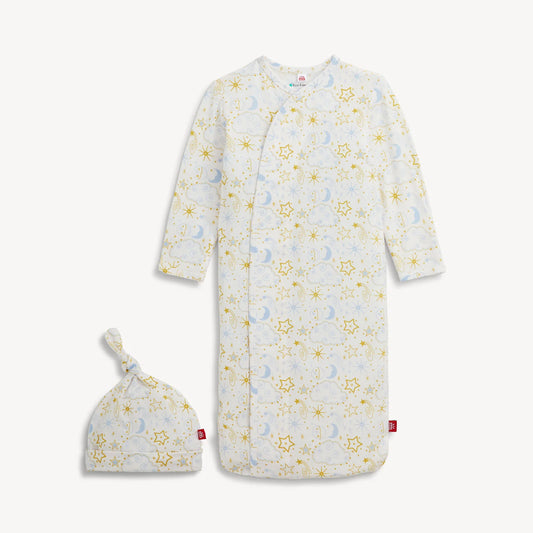 Blue and white baby gown with star pattern and matching hat 