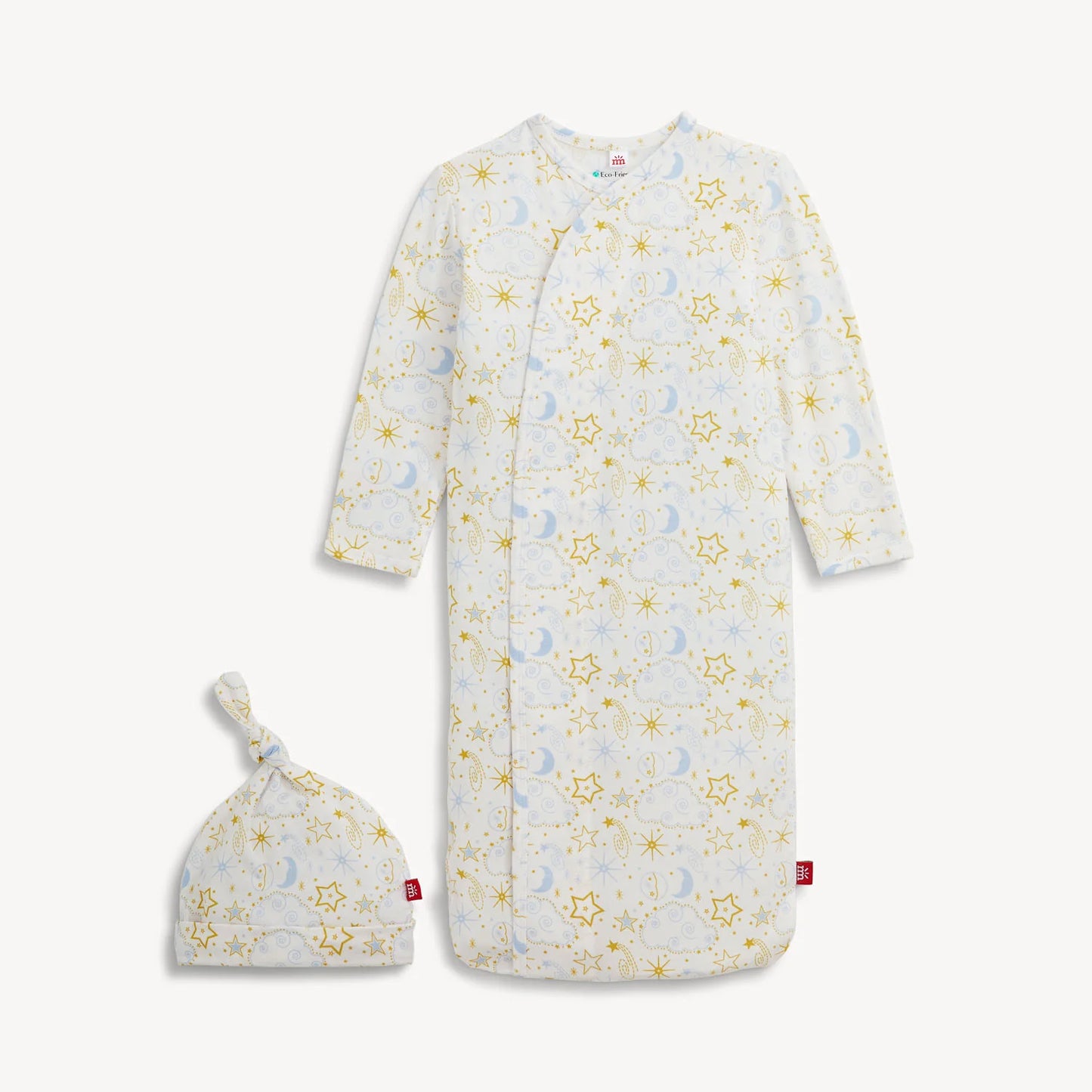 Blue and white baby gown with star pattern and matching hat 