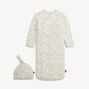 Blue and white baby gown with star pattern and matching hat 