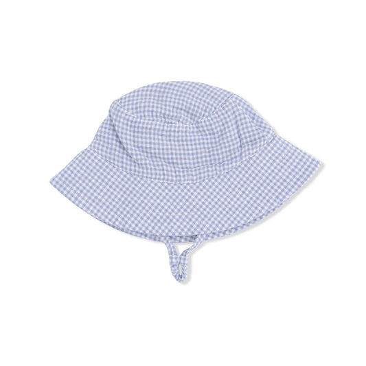 Blue and white checkered bucket hat with chin strap