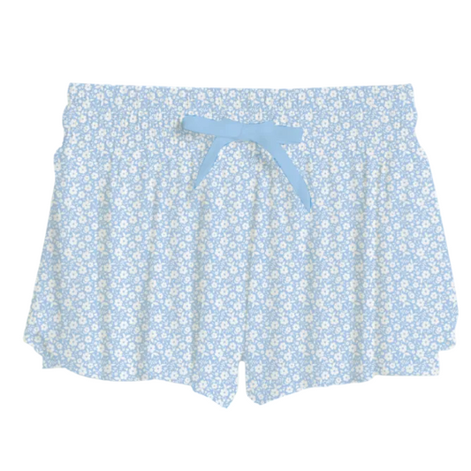 Light blue floral-patterned shorts with tie at waist