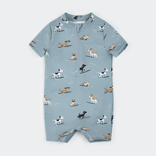 dog print zip up short sleeve one piece swimsuit for baby