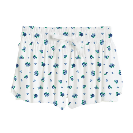 Blue Floral-patterned shorts with tie at waist.