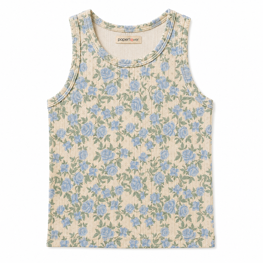 Beige tank top with blue flowers pattern 