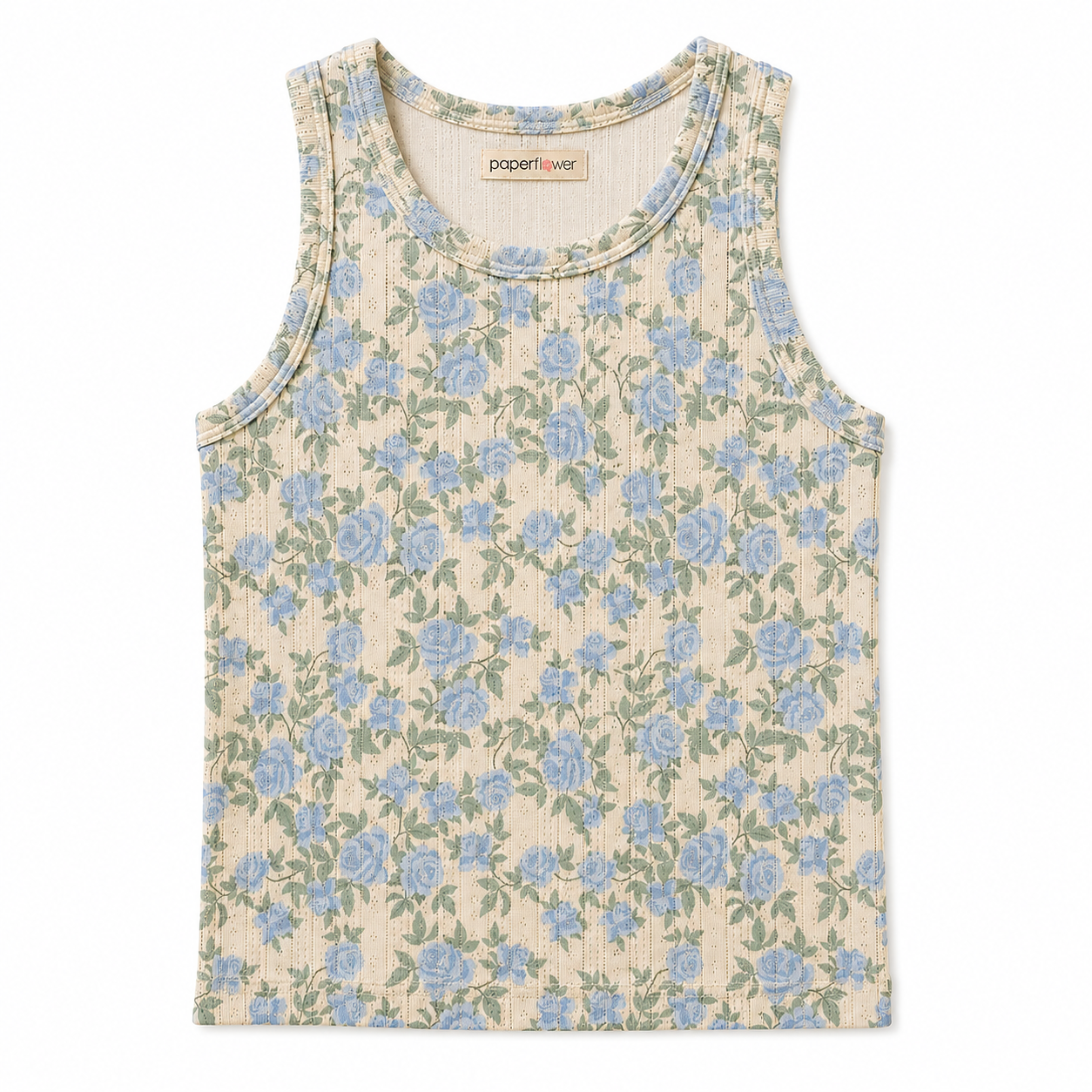 Beige tank top with blue flowers pattern 