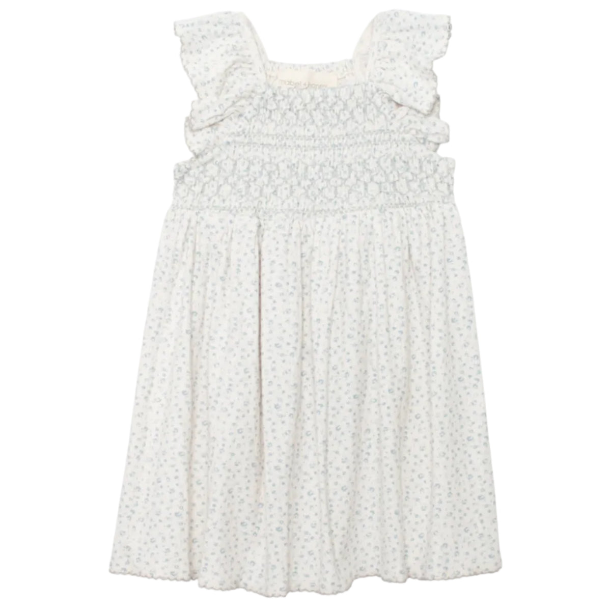 White floral dress with small blue flowers