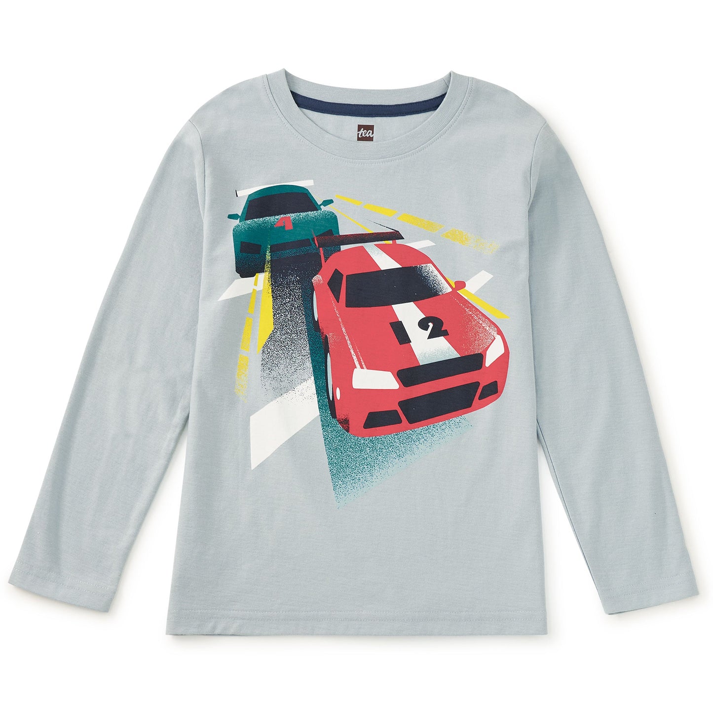 Gray long-sleeve shirt with race car graphic on a white background