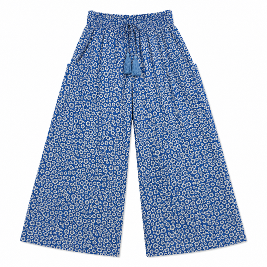 Blue floral-patterned pants on a white background
