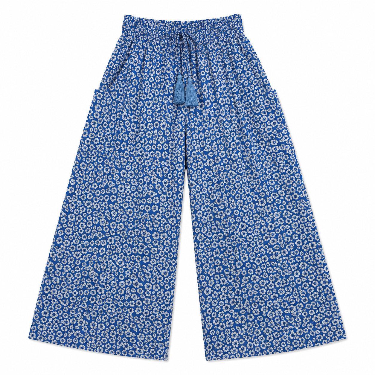 Blue floral-patterned pants on a white background