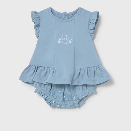 Blue baby outfit with ruffled top and matching bloomers 
