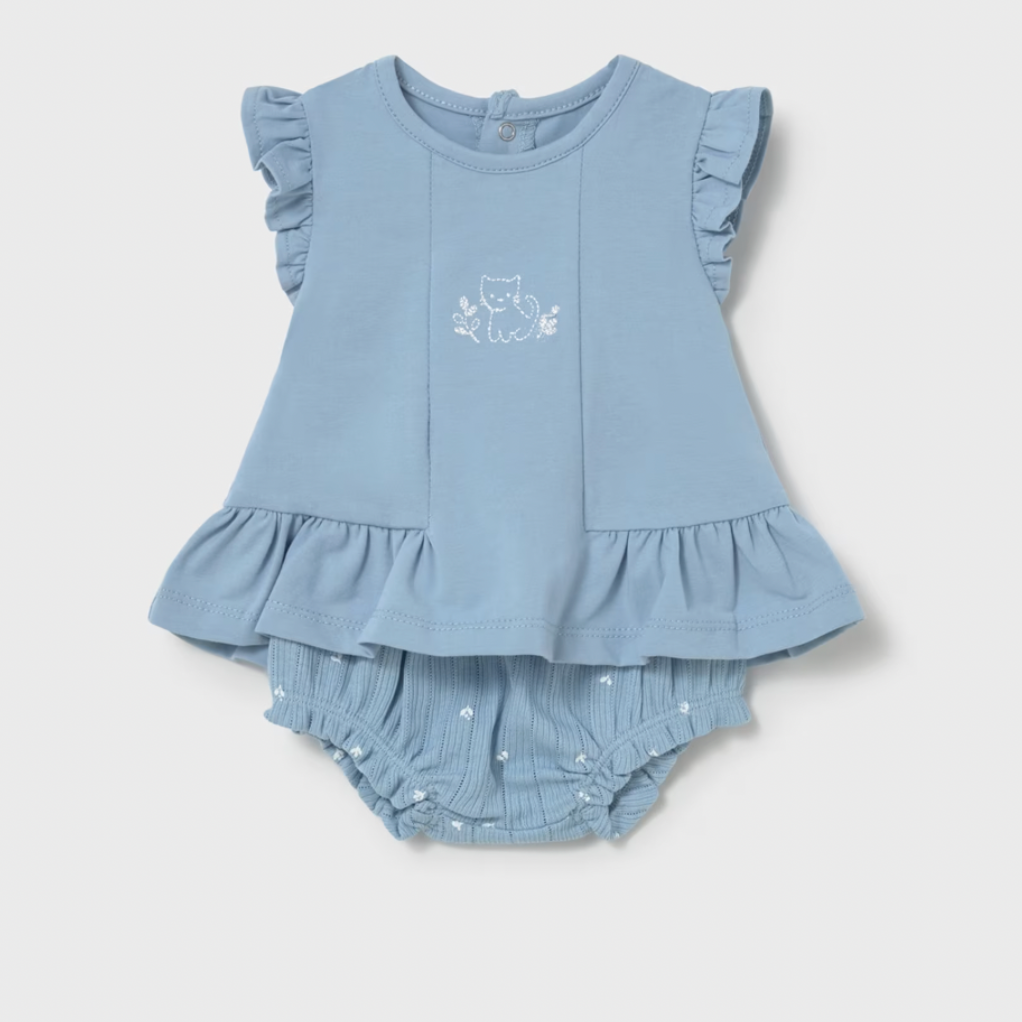 Blue baby outfit with ruffled top and matching bloomers 