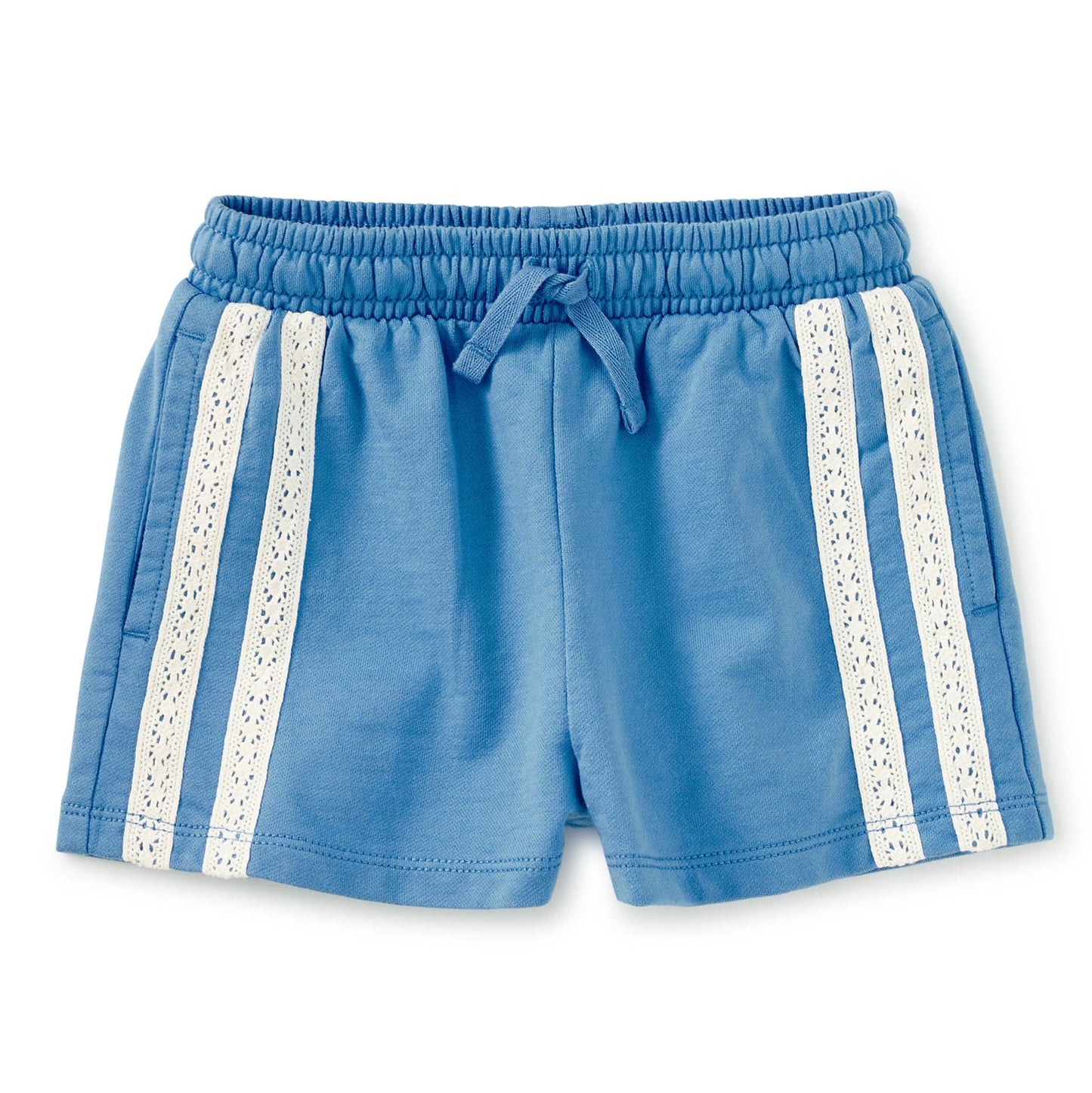 Blue shorts with lace trim on a white background