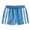 Blue shorts with lace trim on a white background