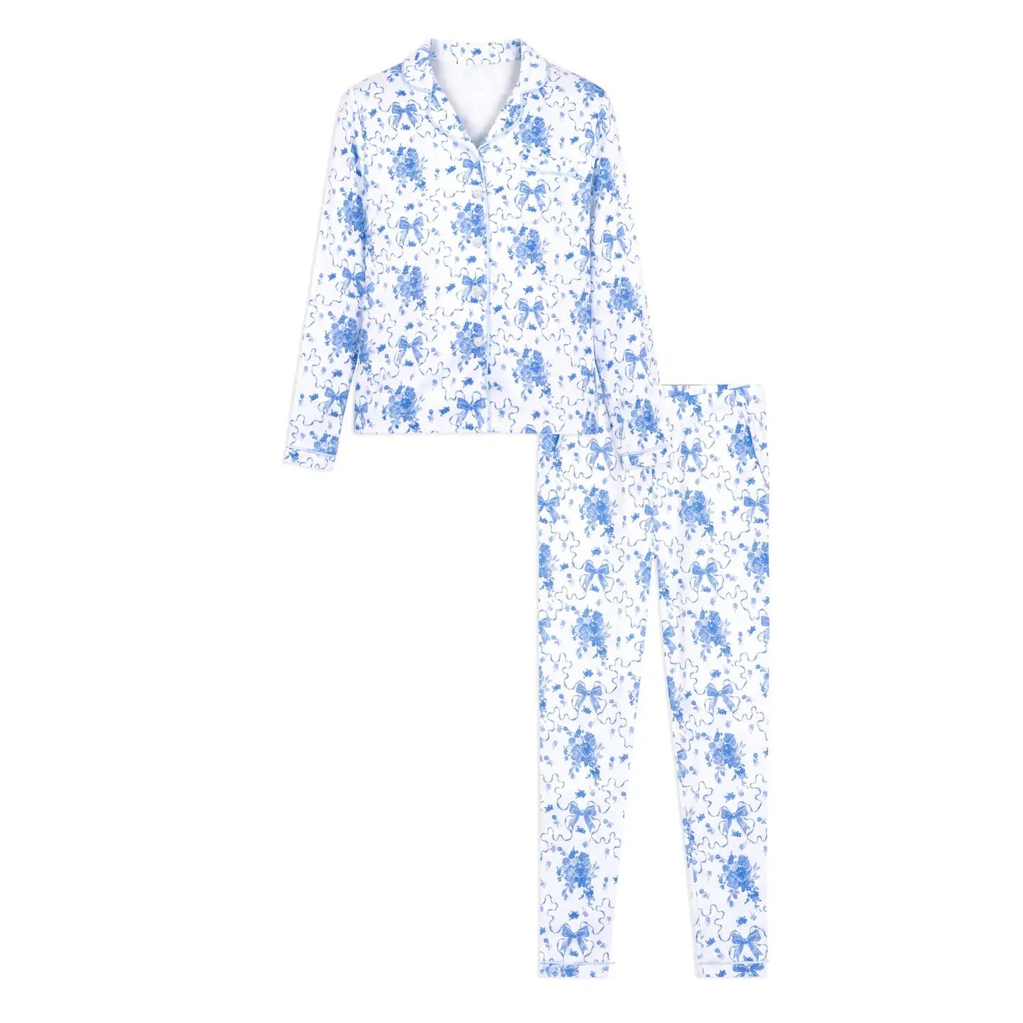 A two-piece pajama set featuring a long-sleeve collared top and matching pants, both printed with a blue floral pattern on a white background.