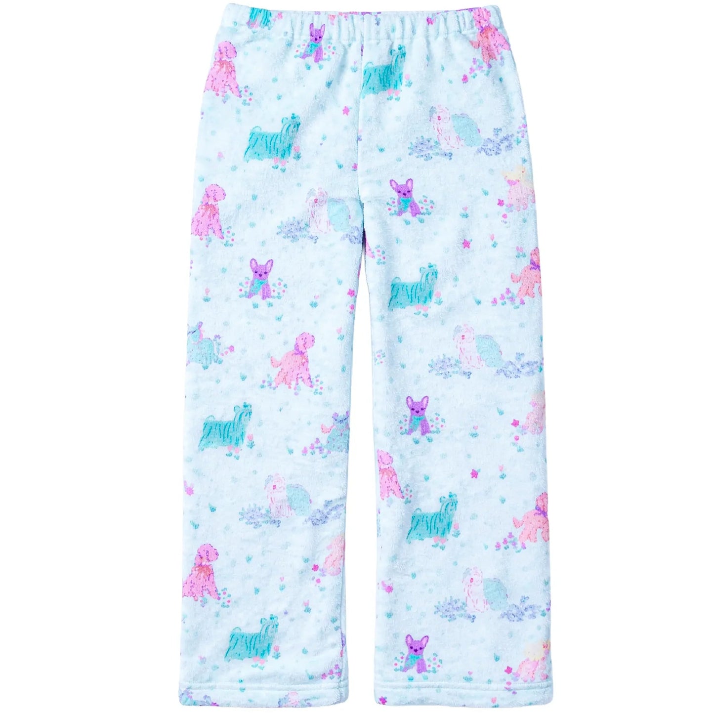 Puppy patterned plush pajama pants with elastic waistband