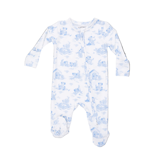 Baby footie with blue floral pattern on a white background