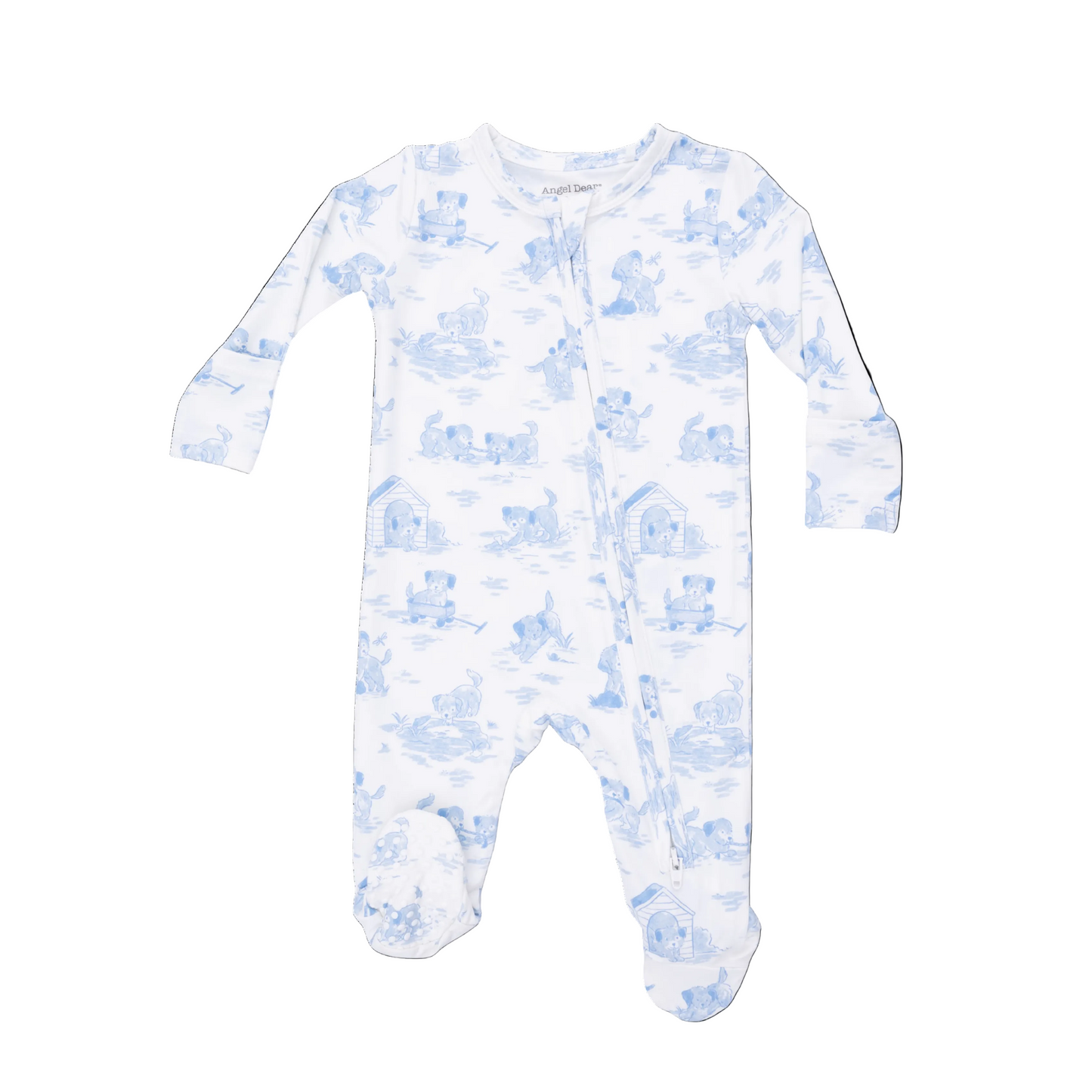 Baby footie with blue floral pattern on a white background