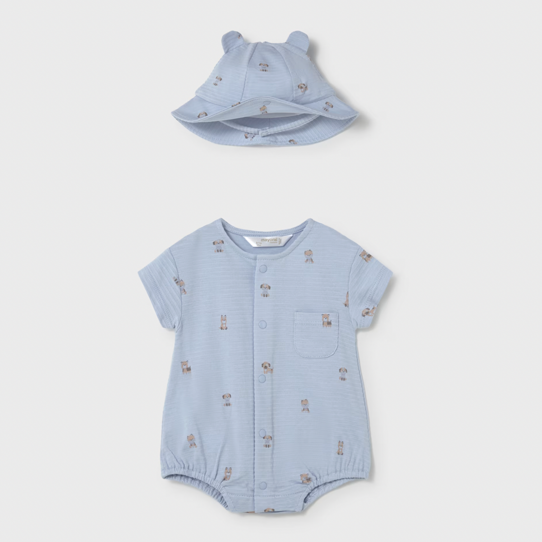 Baby blue puppy printed romper with matching hat 