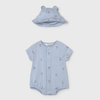 Baby blue puppy printed romper with matching hat 