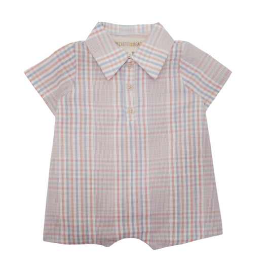 Short-sleeve romper with plaid pattern 