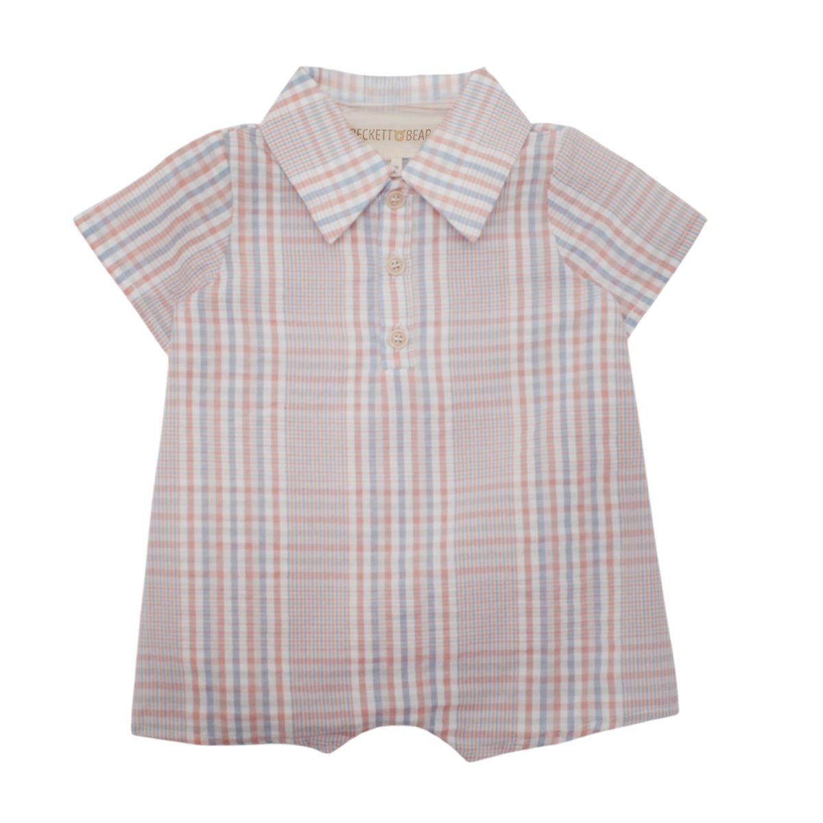 Short-sleeve romper with plaid pattern 