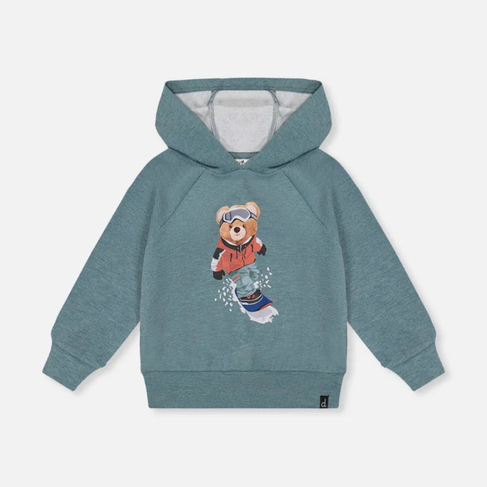 A kids' heathered teal blue hoodie with a cartoon teddy bear graphic on the front, displayed against a light gray background.