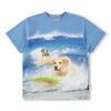 T-shirt with a design of dogs on surfboards in the ocean.