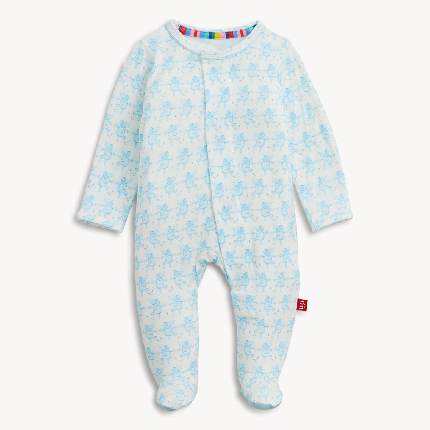 Baby onesie with blue floral pattern on a white background