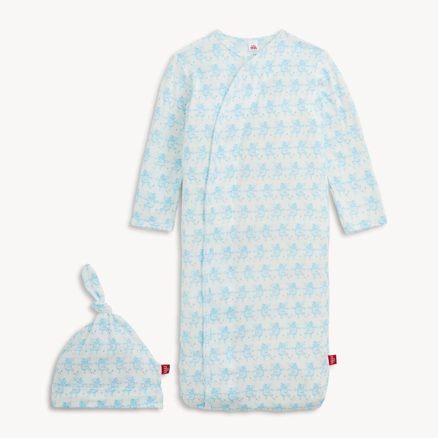 A baby sleep sack and matching knotted bonnet set in a light blue and white floral pattern, displayed on a clean off-white background.